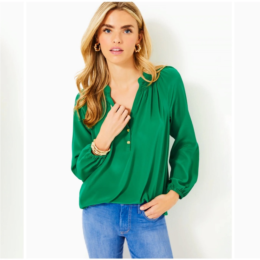Lilly Pulitzer Elsa Silk Blouse in Fiddle Leaf Green